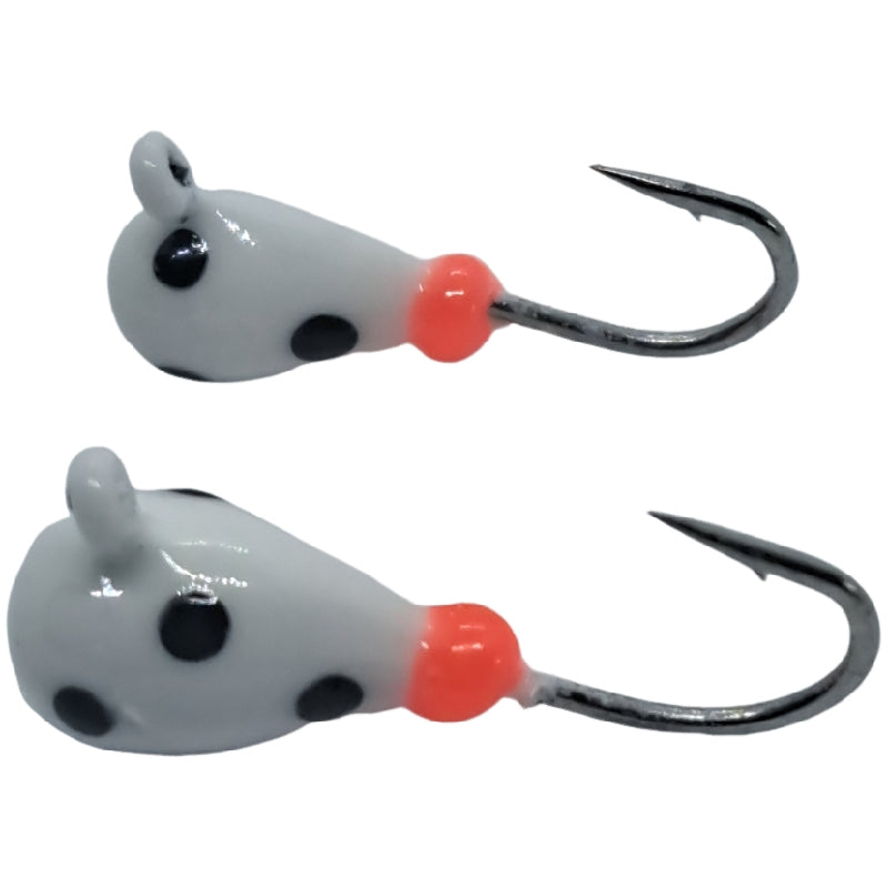 White Glow/Black Spot w/red glow dot tungsten jig, 3mm and 4mm sizes