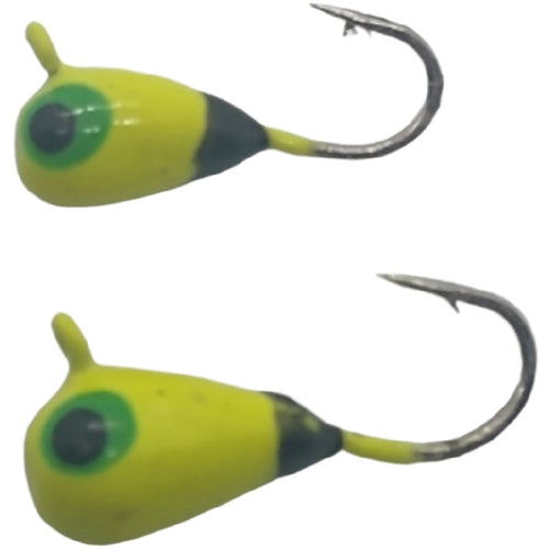 Yellow with black dot tungsten jig in sizes 3mm and 4mm, non-glow